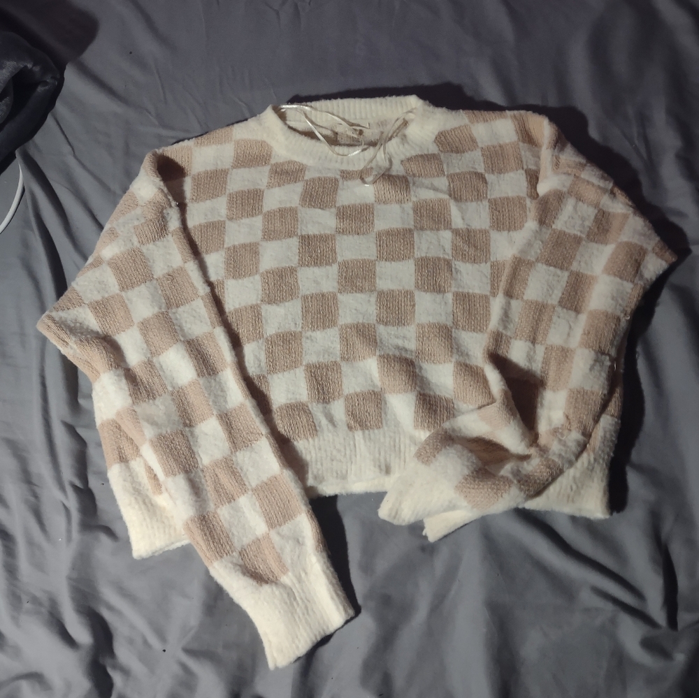 Checkered Cream and Brown Women's Sweater